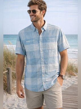 Bob Timberlale Men’s large plaid blue short sleeve button down cotton size Large